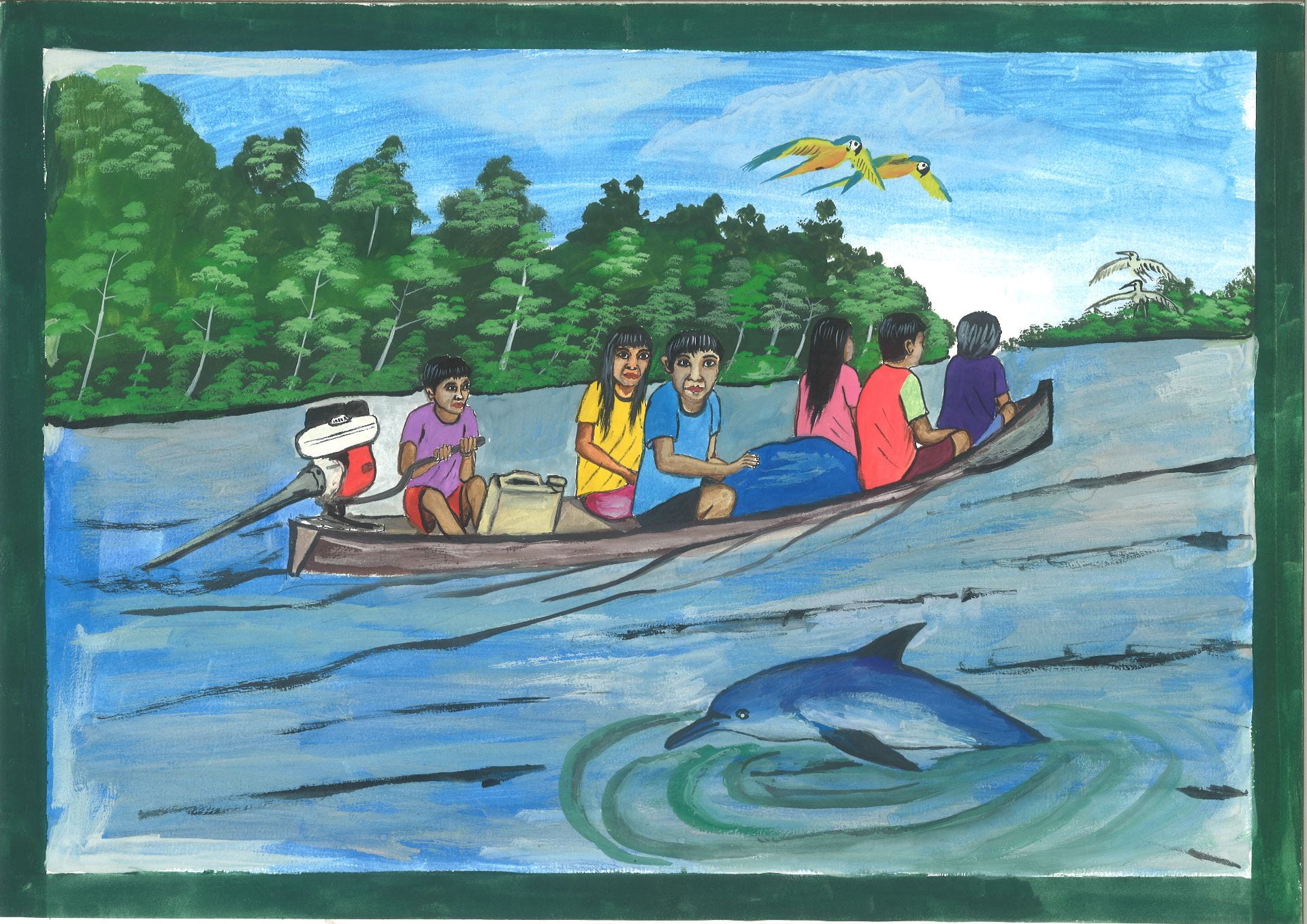 An illustration of a group of South Americans travelling down the Amazon river in a canoe with a pair of birds flying overhead and a large fish jumping out of the water